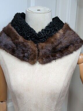 Vintage 60s Persian Lamb & Mink fur Collar Black Brown Reversible Elegant MCM